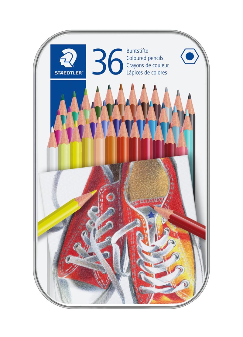 Färgblyertspenna hexagonal i metallask ass (36)