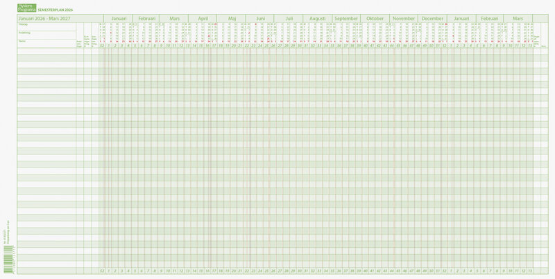 Semesterplan 59 x 30 cm · 5 blad/st · Plats för 33 namn