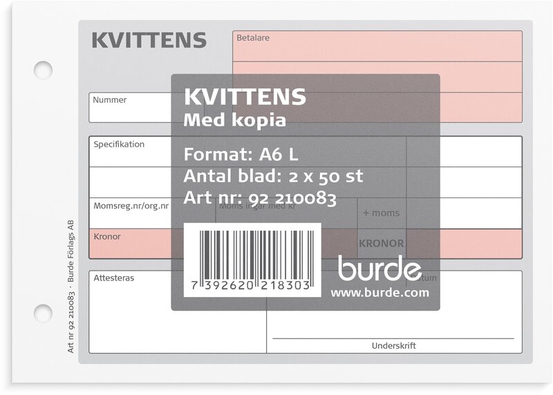 Kvittens A6L med 1 kopia 2 x 50 blad